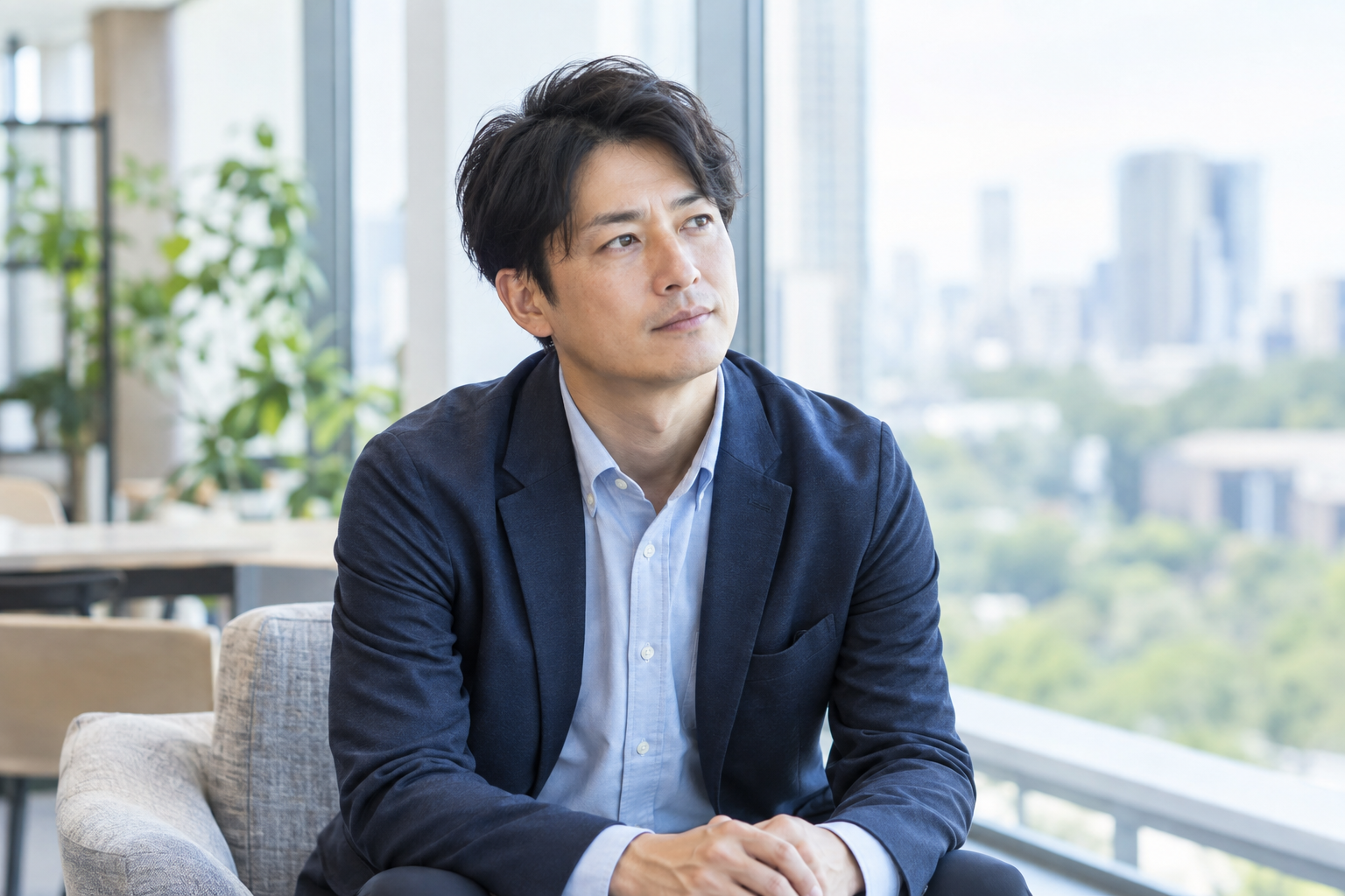 将来や自分に自信を持てず考える働く男性